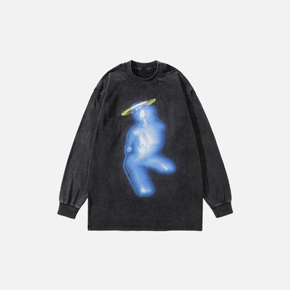 Front view of the black Y2K Halo Spirit Sweatshirt in a gray background
