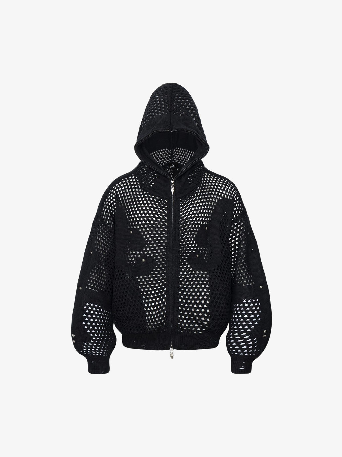 Knit Mesh Studded Boxy Zip-Up Hoodie; Black / S, Black / M, Black / L, Black / XL