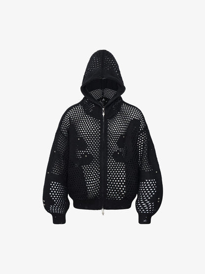 Knit Mesh Studded Boxy Zip-Up Hoodie; Black / S, Black / M, Black / L, Black / XL