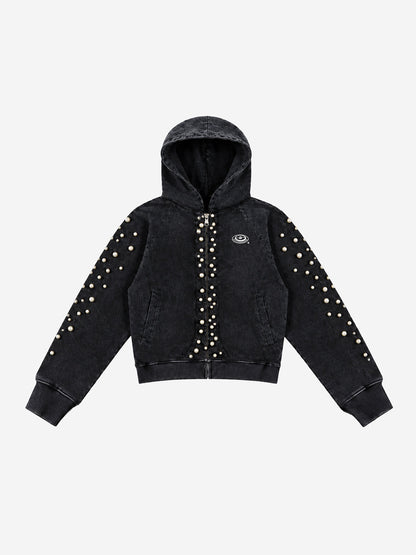 Pearl Studded Washed Distressed Cropped Hoodie