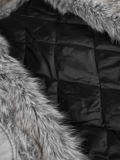 Studded Faux-Fur Collar Bomber Coat; Gray / S, Gray / M, Gray / L, Gray / XL