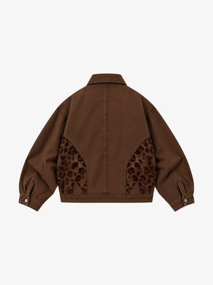 Leopard Print Panel Zip-Up Jacket
