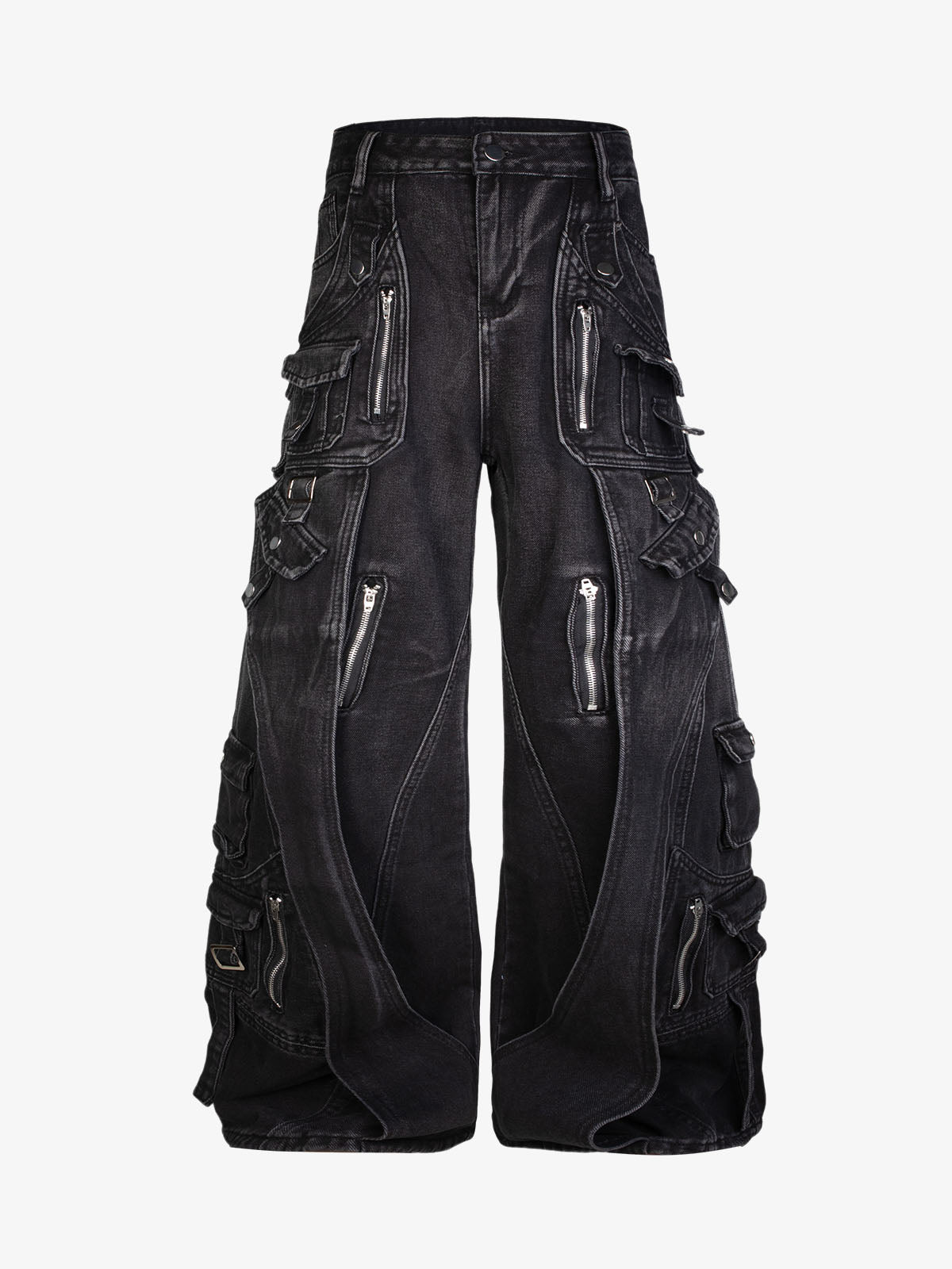 Washed Multi-Pocket Curved-Seam Cargo Jeans; Black / S, Black / M, Black / L, Black / XL