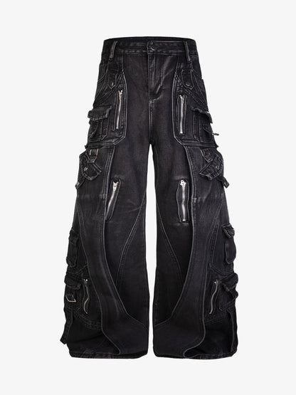 Washed Multi-Pocket Curved-Seam Cargo Jeans; Black / S, Black / M, Black / L, Black / XL