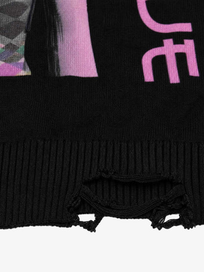 Glitch Girl Graphic Distressed Cropped Boxy Sweater; Black / S, Black / M, Black / L, Black / XL, Black / 2XL
