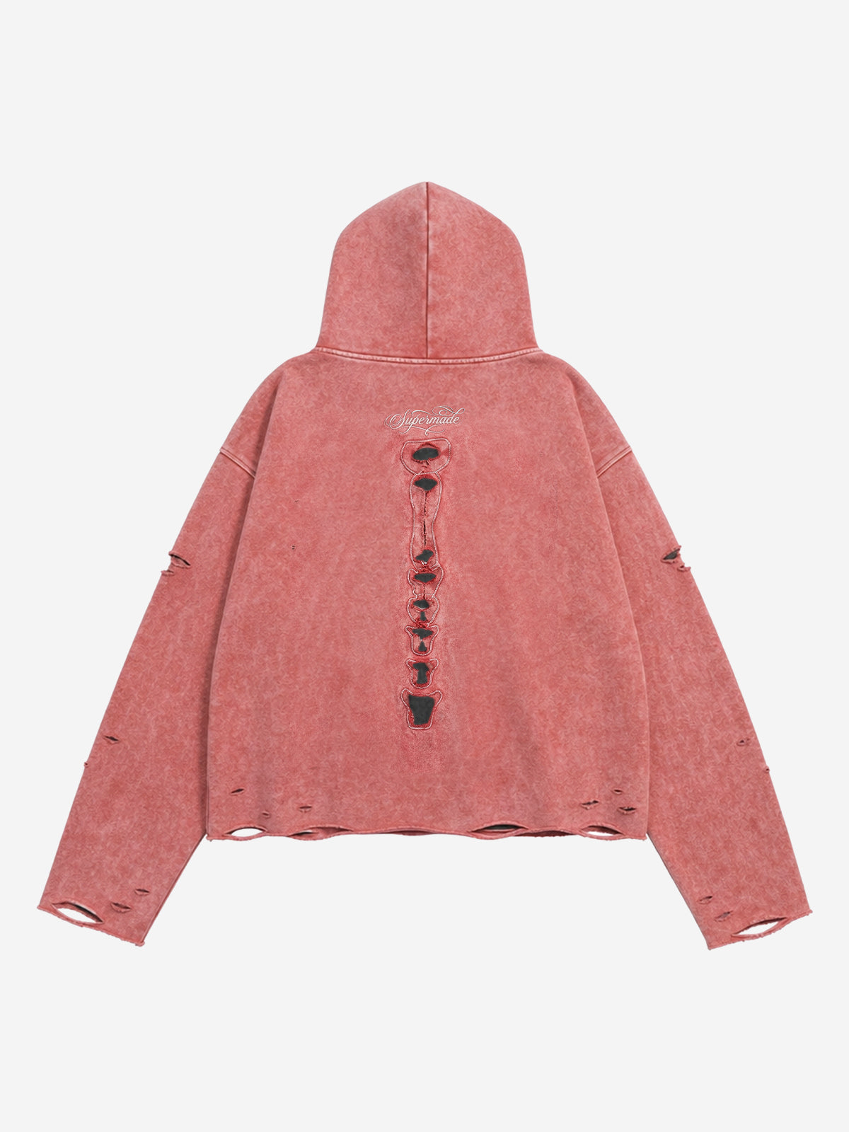 Skull Patchwork Distressed Washed Cropped Hoodie; Washed Red / S, Washed Red / M, Washed Red / L, Washed Red / XL, Washed Red / 2XL