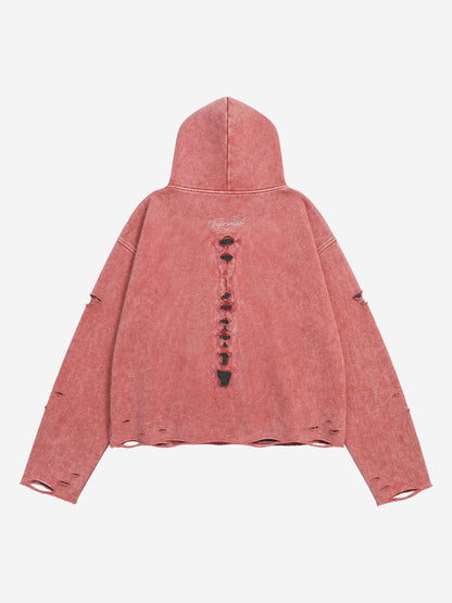 Skull Patchwork Distressed Washed Cropped Hoodie; Washed Red / S, Washed Red / M, Washed Red / L, Washed Red / XL, Washed Red / 2XL