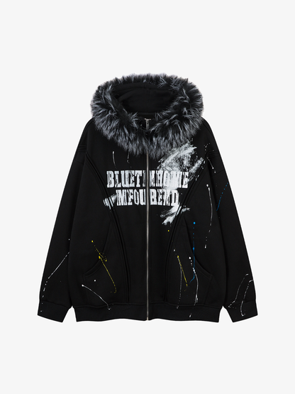 Fur-Trim Paint-Splatter Zip Hoodie; Black / M, Black / L, Black / XL