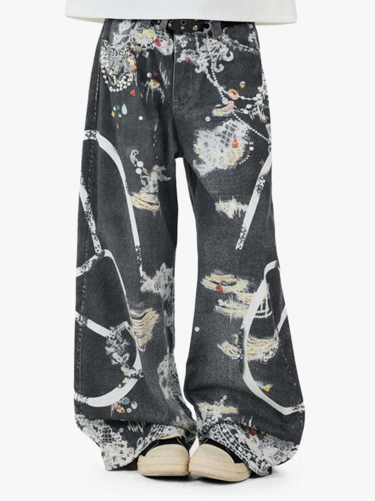 Digital 3D Graphic Distressed Denim Jeans; Black / S, Black / M, Black / L, Black / XL, Black / 2XL
