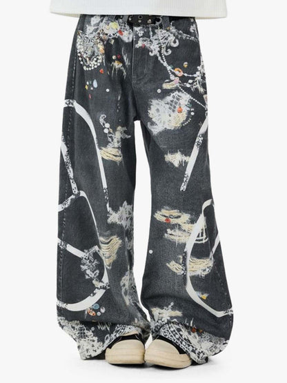 Digital 3D Graphic Distressed Denim Jeans; Black / S, Black / M, Black / L, Black / XL, Black / 2XL