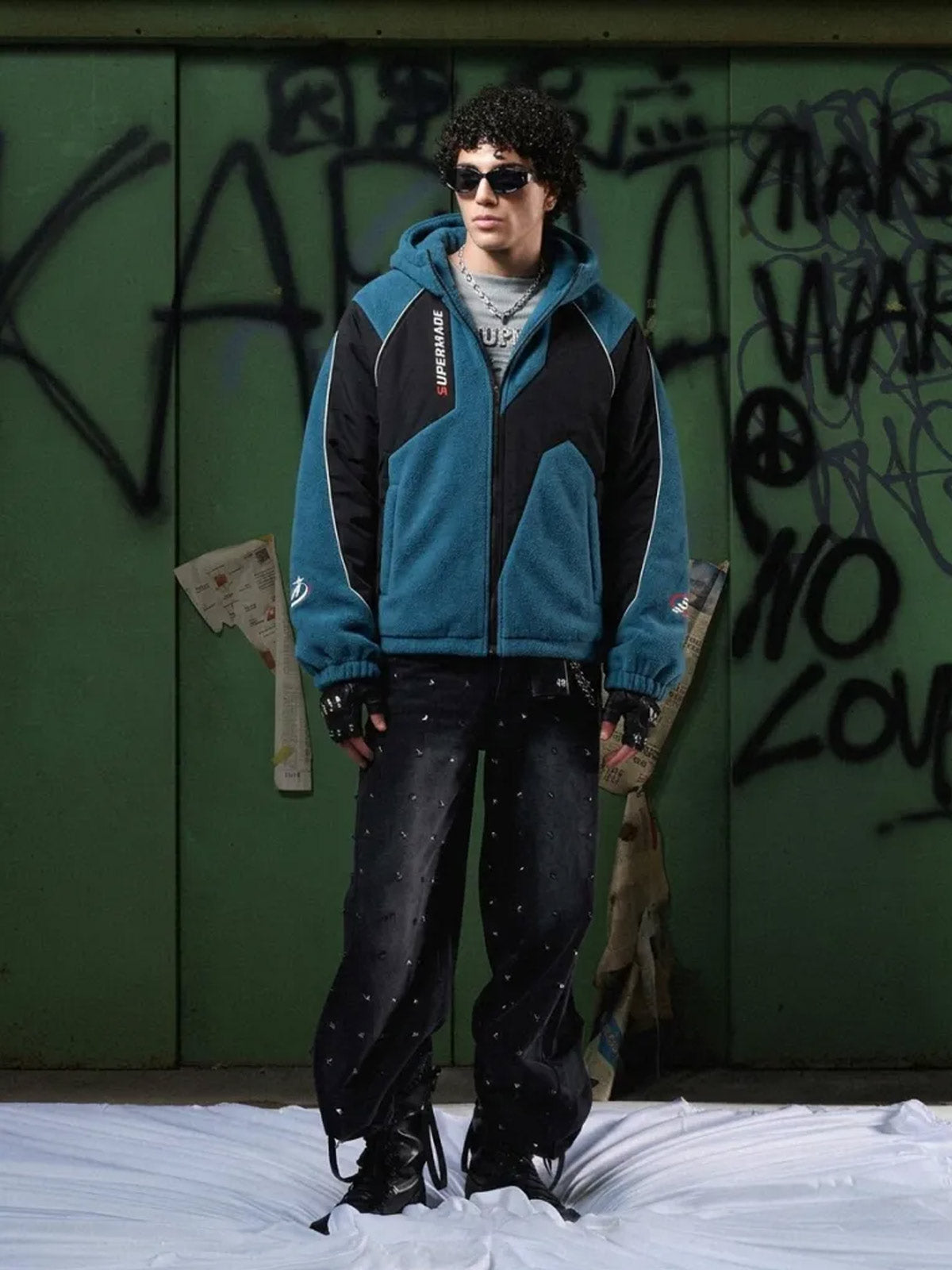 Color-Block Sherpa Panel Zip-Up Hooded Jacket