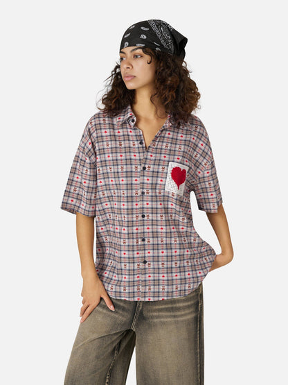 Crochet Heart Pocket Plaid Shirt