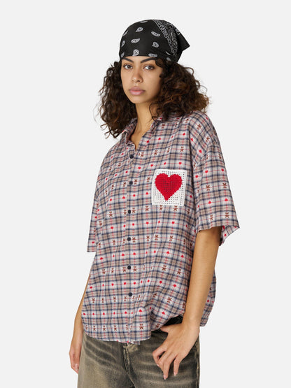 Crochet Heart Pocket Plaid Shirt