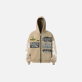 Streetwear Distressed Zip-Up Hooded Race Sweatshirt