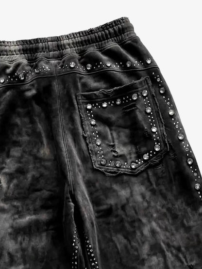 Distressed Rhinestone Sweatpants; Black / S, Black / M, Black / L, Black / XL, Black / 2XL