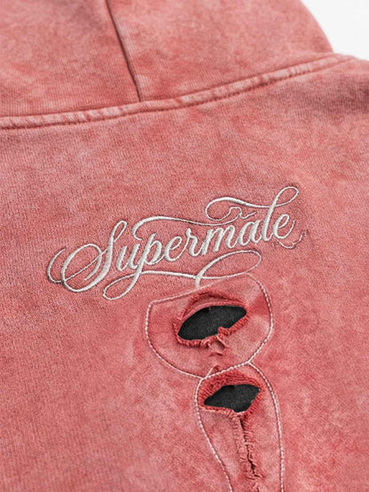 Skull Patchwork Distressed Washed Cropped Hoodie; Washed Red / S, Washed Red / M, Washed Red / L, Washed Red / XL, Washed Red / 2XL