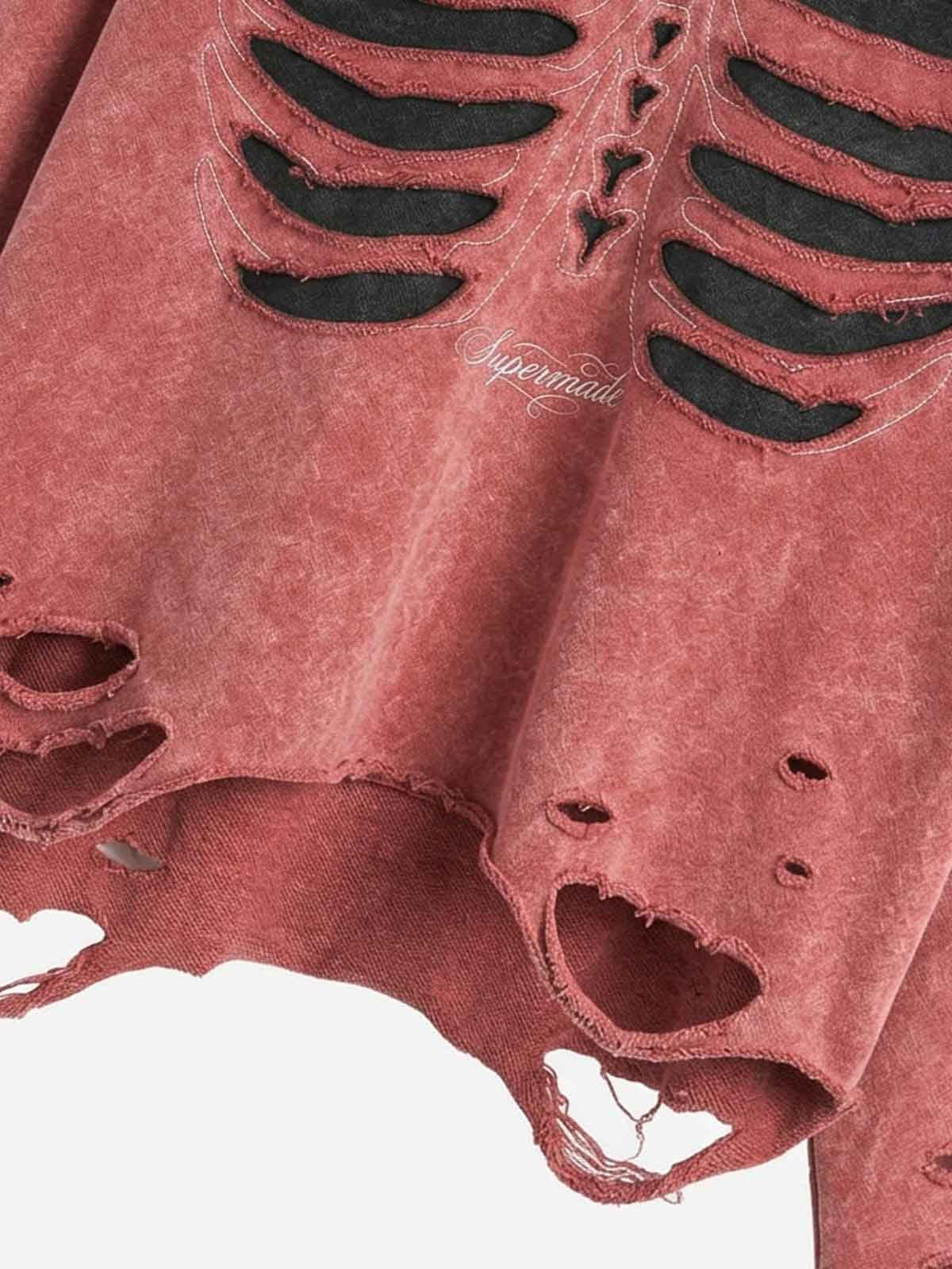 Skull Patchwork Distressed Washed Cropped Hoodie; Washed Red / S, Washed Red / M, Washed Red / L, Washed Red / XL, Washed Red / 2XL
