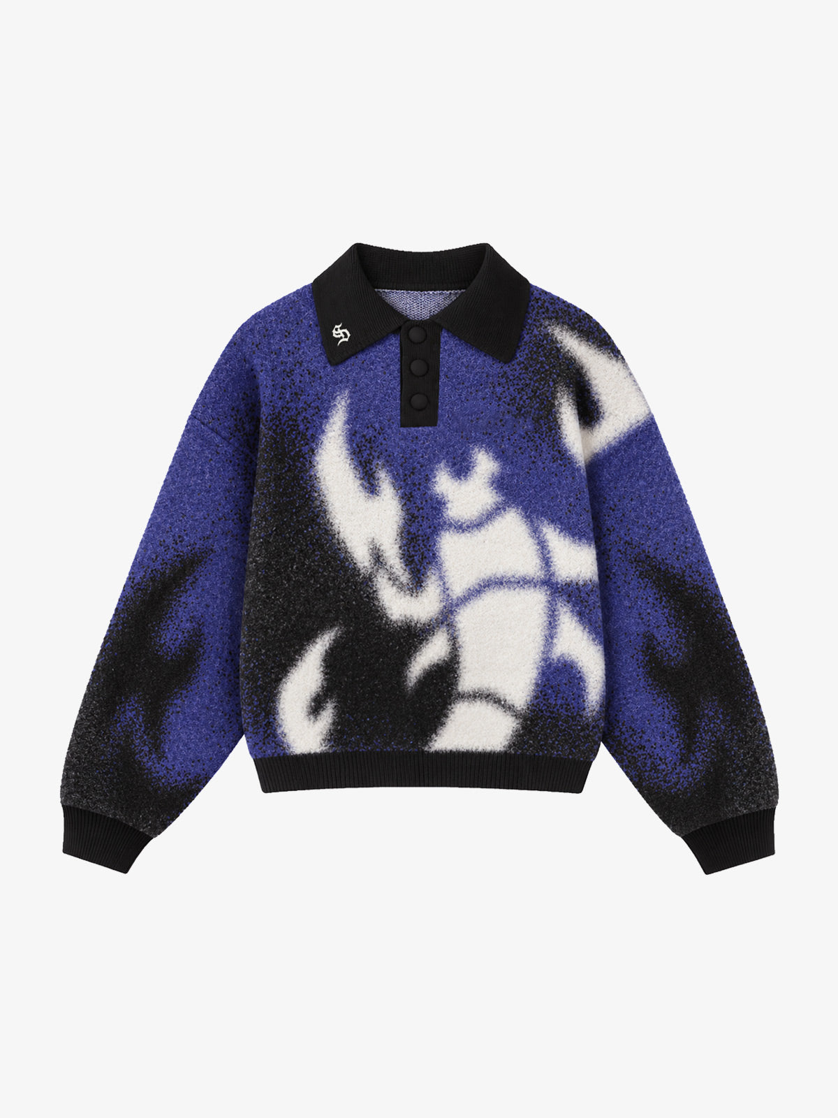 Abstract Spray Graphic Jacquard Knit Polo Sweater; Purple / S, Purple / M, Purple / L, Purple / XL, Purple / 2XL