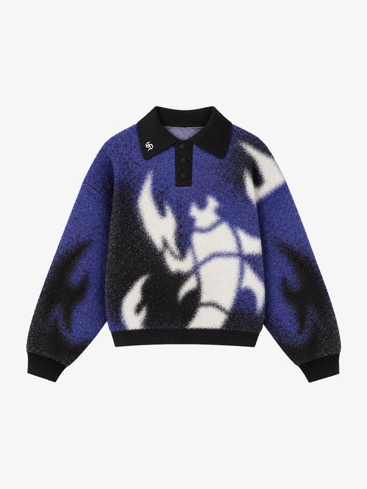 Abstract Spray Graphic Jacquard Knit Polo Sweater; Purple / S, Purple / M, Purple / L, Purple / XL, Purple / 2XL
