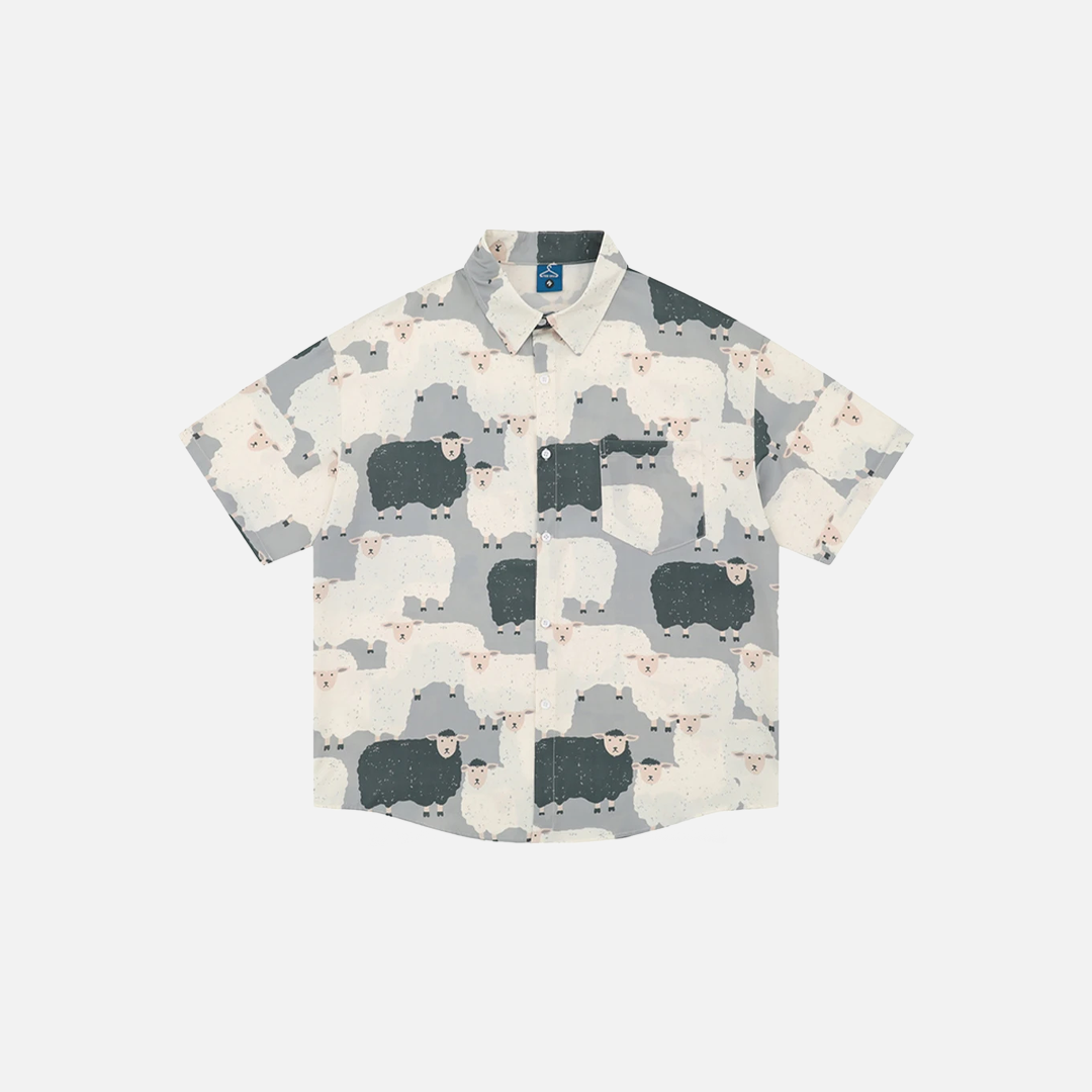 Sheep Print Loose Casual Button-Up Shirt