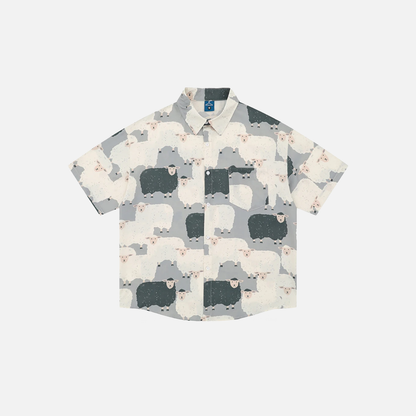 Sheep Print Loose Casual Button-Up Shirt
