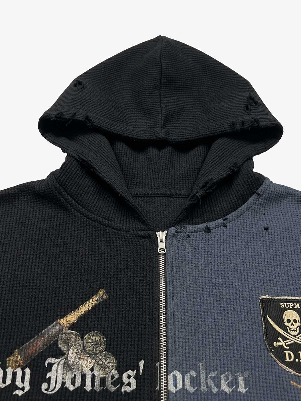 Skull Graphic Paneled Waffle Zip Hoodie; Basic Black / S, Basic Black / M, Basic Black / L, Basic Black / XL, Basic Black / 2XL