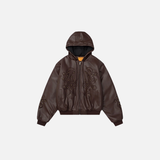 Retro Rivets Embroidery PU Leather Hooded Jacket