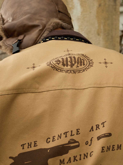 Supermade “Your God Is Not Here” Slogan Print Color-Blocked Embroidered Retro Canvas Jacket; Khaki / S, Khaki / M, Khaki / L, Khaki / XL, Khaki / 2XL