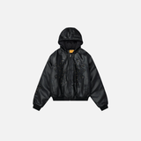 Retro Rivets Embroidery PU Leather Hooded Jacket