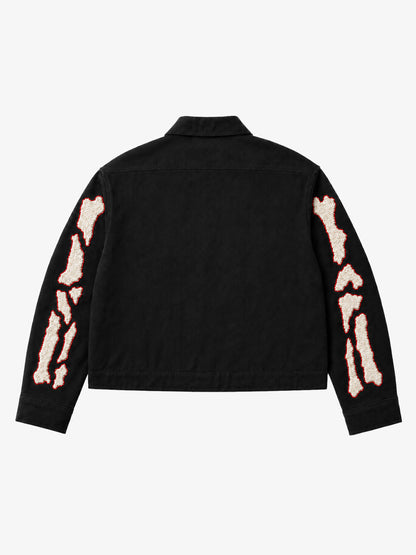 Skull Terry Embroidered Distressed Cropped Work Jacket; Black / S, Black / M, Black / L, Black / XL, Black / 2XL