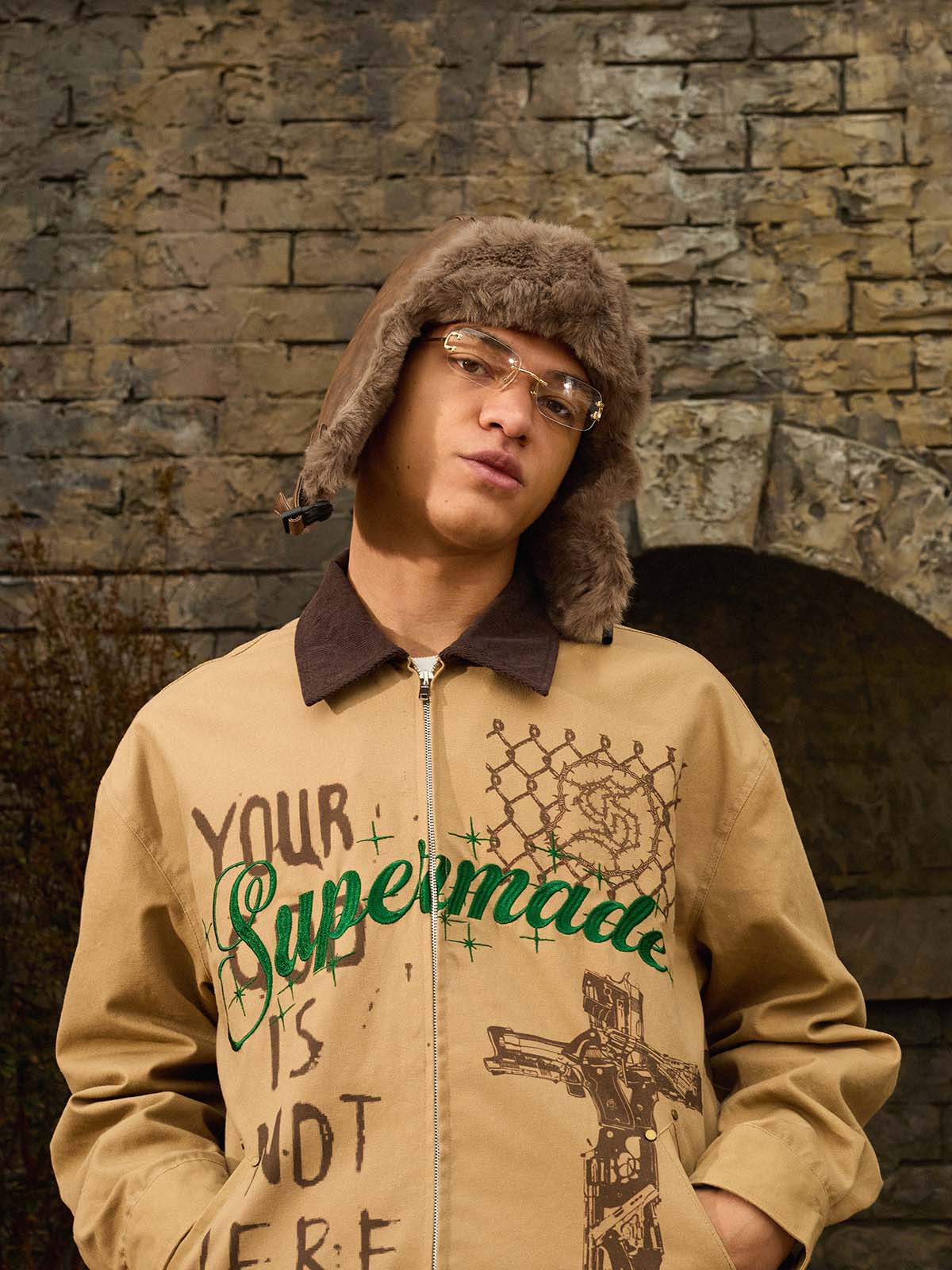 Supermade “Your God Is Not Here” Slogan Print Color-Blocked Embroidered Retro Canvas Jacket; Khaki / S, Khaki / M, Khaki / L, Khaki / XL, Khaki / 2XL