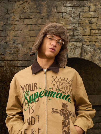 Supermade “Your God Is Not Here” Slogan Print Color-Blocked Embroidered Retro Canvas Jacket; Khaki / S, Khaki / M, Khaki / L, Khaki / XL, Khaki / 2XL