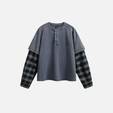 Plaid Patchwork Fake Two-Piece Long Sleeve T-Shirt