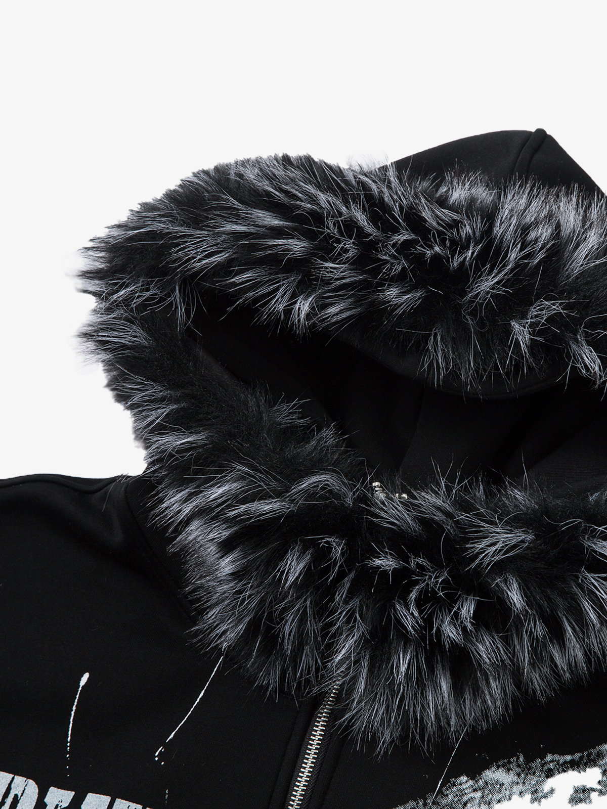 Fur-Trim Paint-Splatter Zip Hoodie; Black / M, Black / L, Black / XL