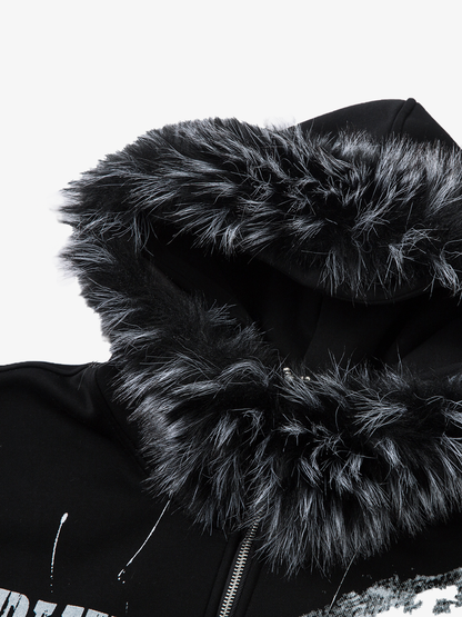 Fur-Trim Paint-Splatter Zip Hoodie; Black / M, Black / L, Black / XL