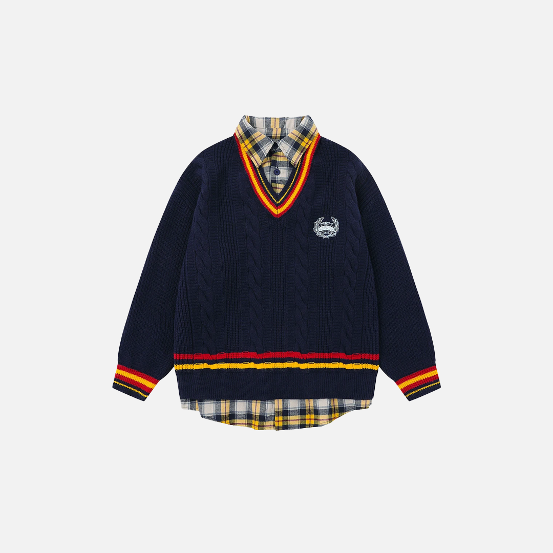 Oversized Varsity Patchwork Double Layers Knit Sweater