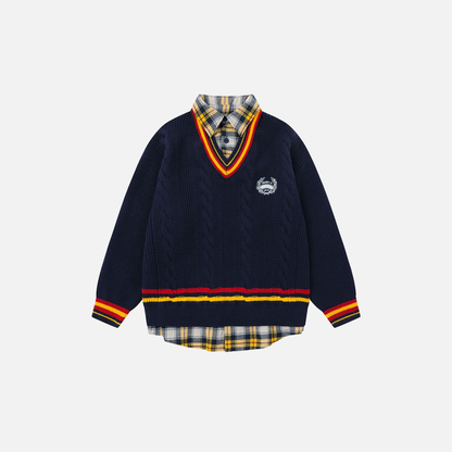 Oversized Varsity Patchwork Double Layers Knit Sweater