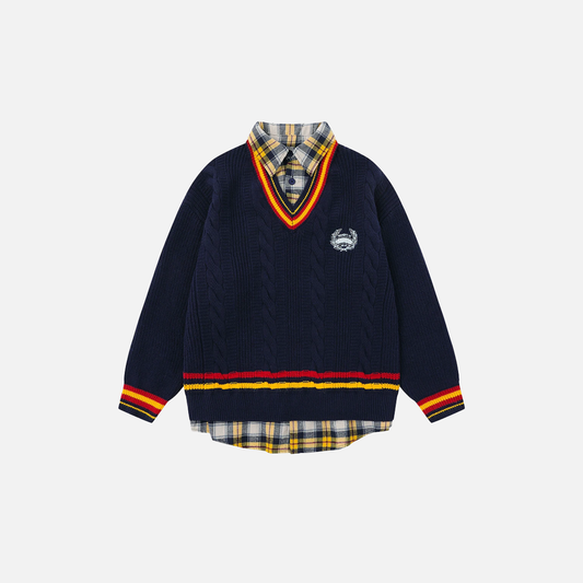 Oversized Varsity Patchwork Double Layers Knit Sweater