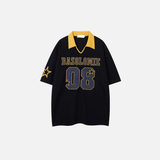 Starry Embroidered Turn Down Collar Hip Hop Casual T-Shirt