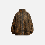 Leopard Zipper Retro Stand-Up Collar Suede Jacket