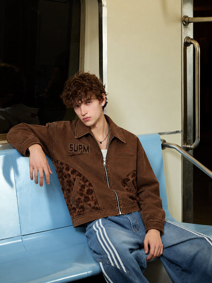 Leopard Print Panel Zip-Up Jacket