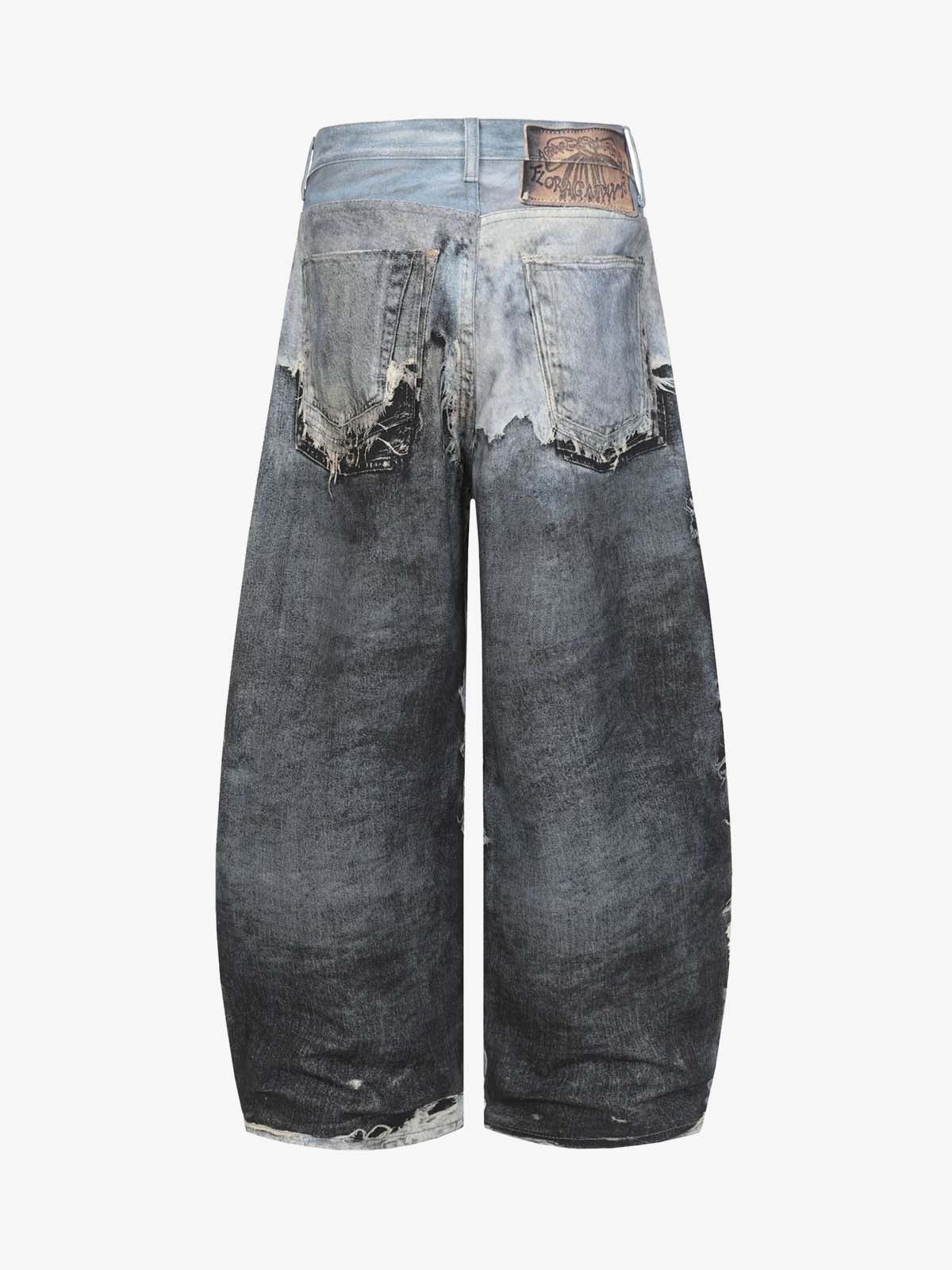 Distressed Patchwork Wide Leg Washed Denim Jeans; Black / M, Black / L, Black / XL