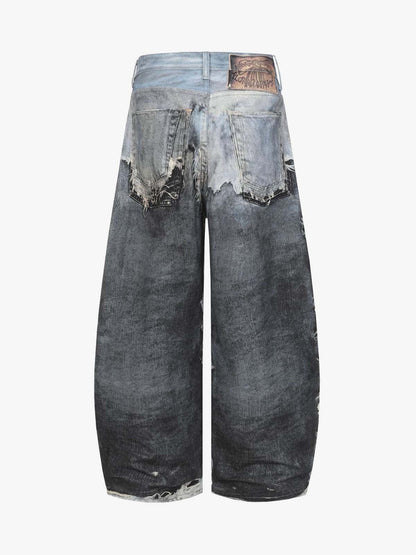 Distressed Patchwork Wide Leg Washed Denim Jeans; Black / M, Black / L, Black / XL