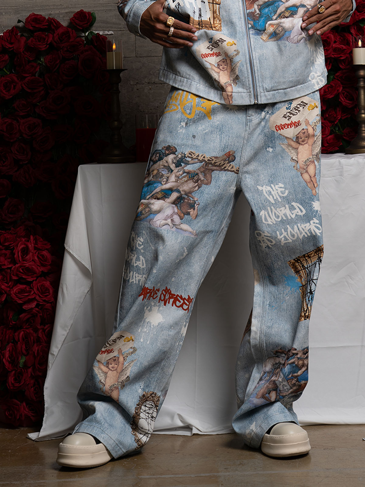 Retro Artistic Graffiti Angelic Prints Baggy Jeans - 2574; Blue / S, Blue / M, Blue / L, Blue / XL, Blue / 2XL, Blue / 3XL