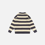 Back view of the dark grey Classic Striped Polo Sweatshirt in a gray background