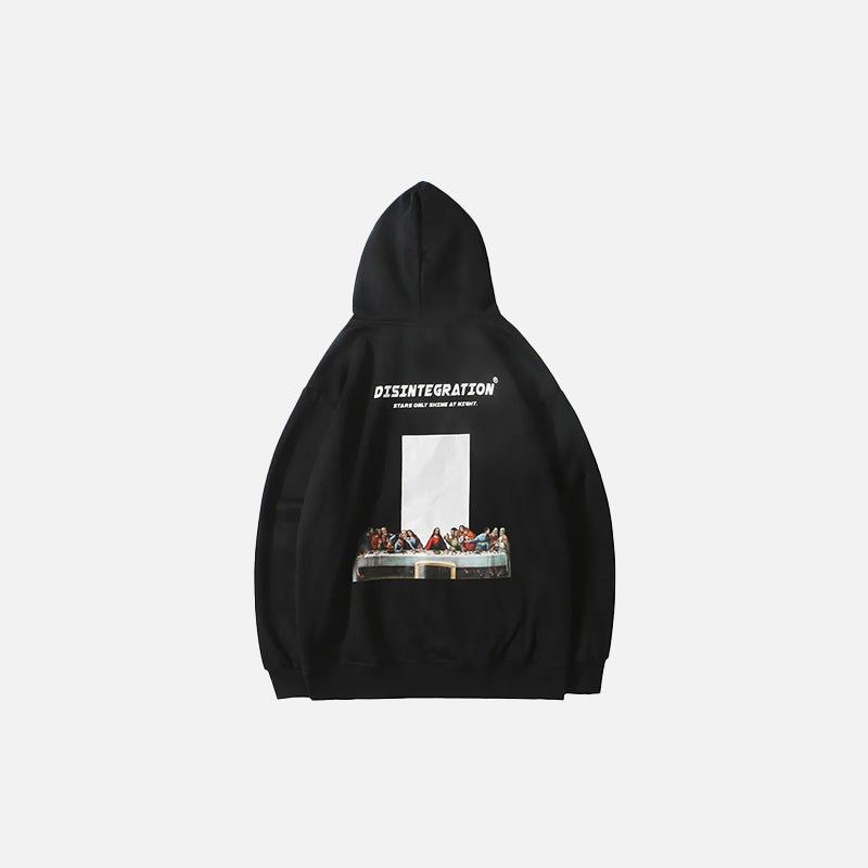 Back view of the black Disintegration Art Hoodie in a gray background 