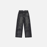 Front view of the black Crisscross Denim Jeans in a gray background