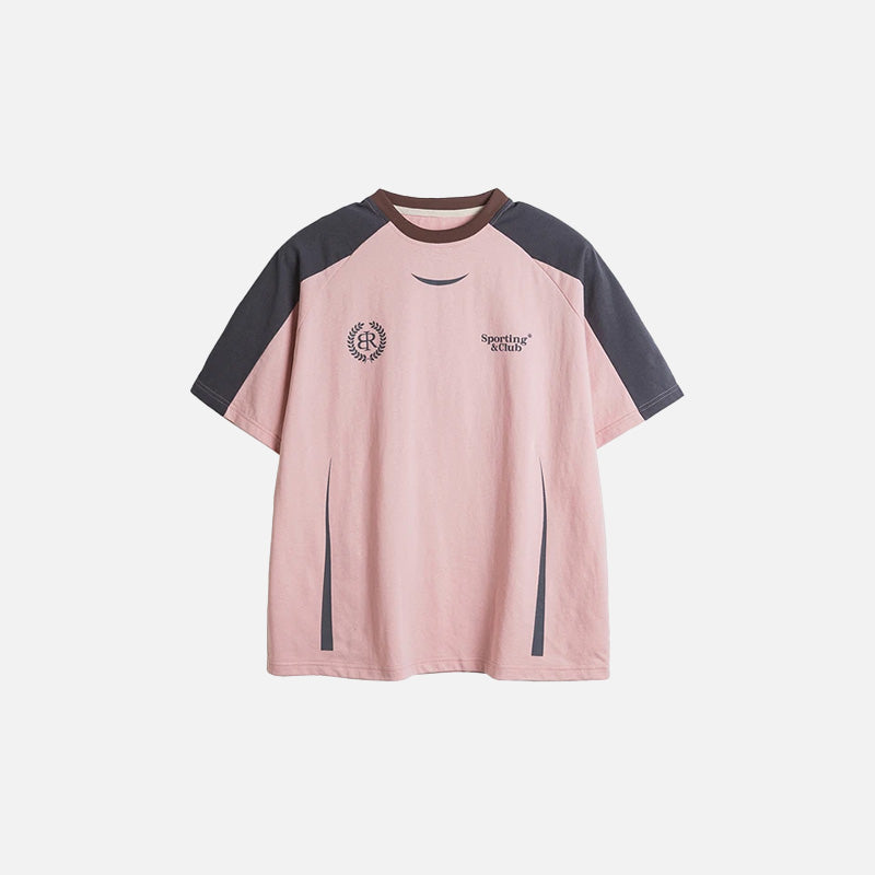 Front view of the pink Loose Sports Athletic T-shirt in a gray background