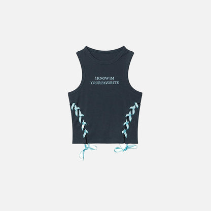 Front view of the blue Women's Embroidery Straps Tank Top in a gray background