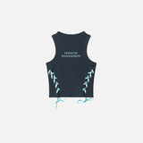 Front view of the blue Women's Embroidery Straps Tank Top in a gray background